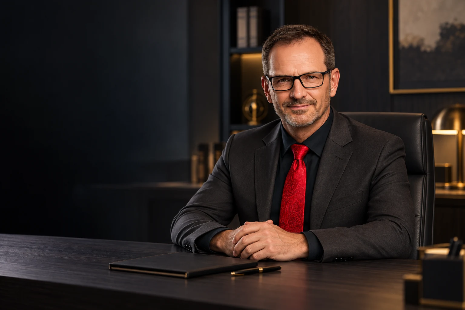 Portrait du consultant assis derrière un bureau sombre, dans un décor professionnel illustratif.